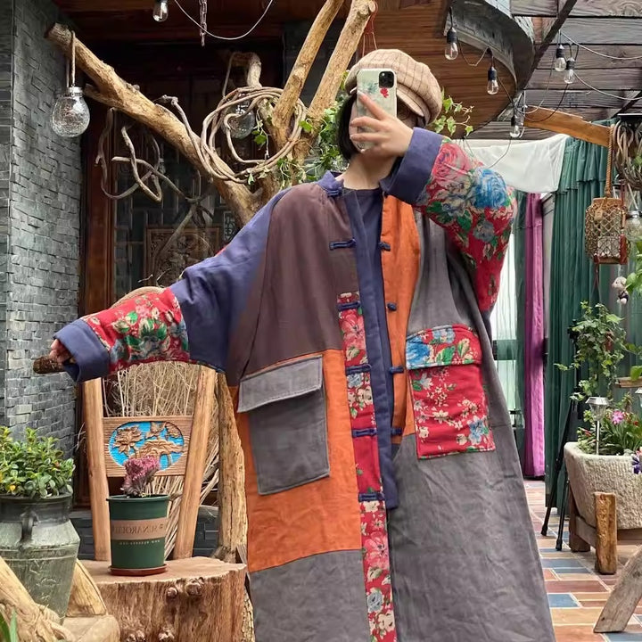 Spliced linen coat for women, winter filling cotton coat