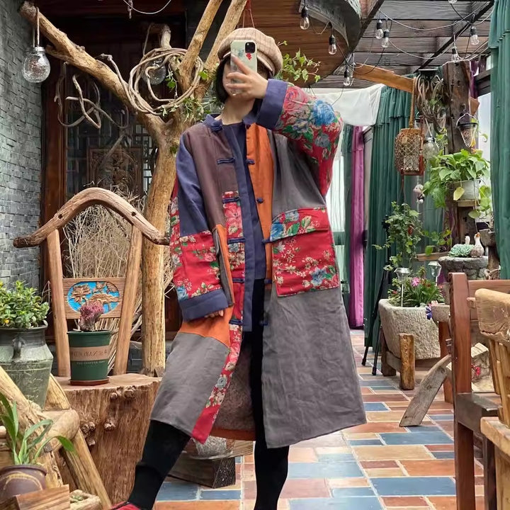 Spliced linen coat for women, winter filling cotton coat