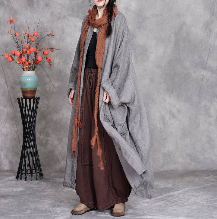 Women's Spring Linen Long Coat with Large Pockets