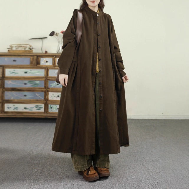 Women's Spring Cotton Long Trench Coat with Large Pockets