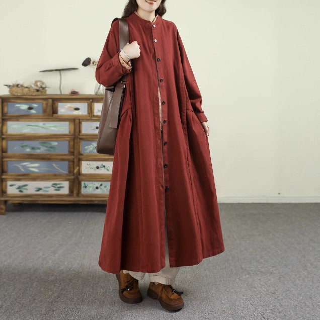 Women's Spring Cotton Long Trench Coat with Large Pockets