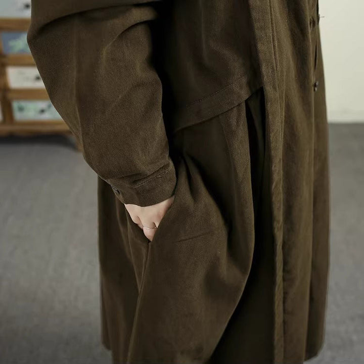 Women's Spring Cotton Long Trench Coat with Large Pockets