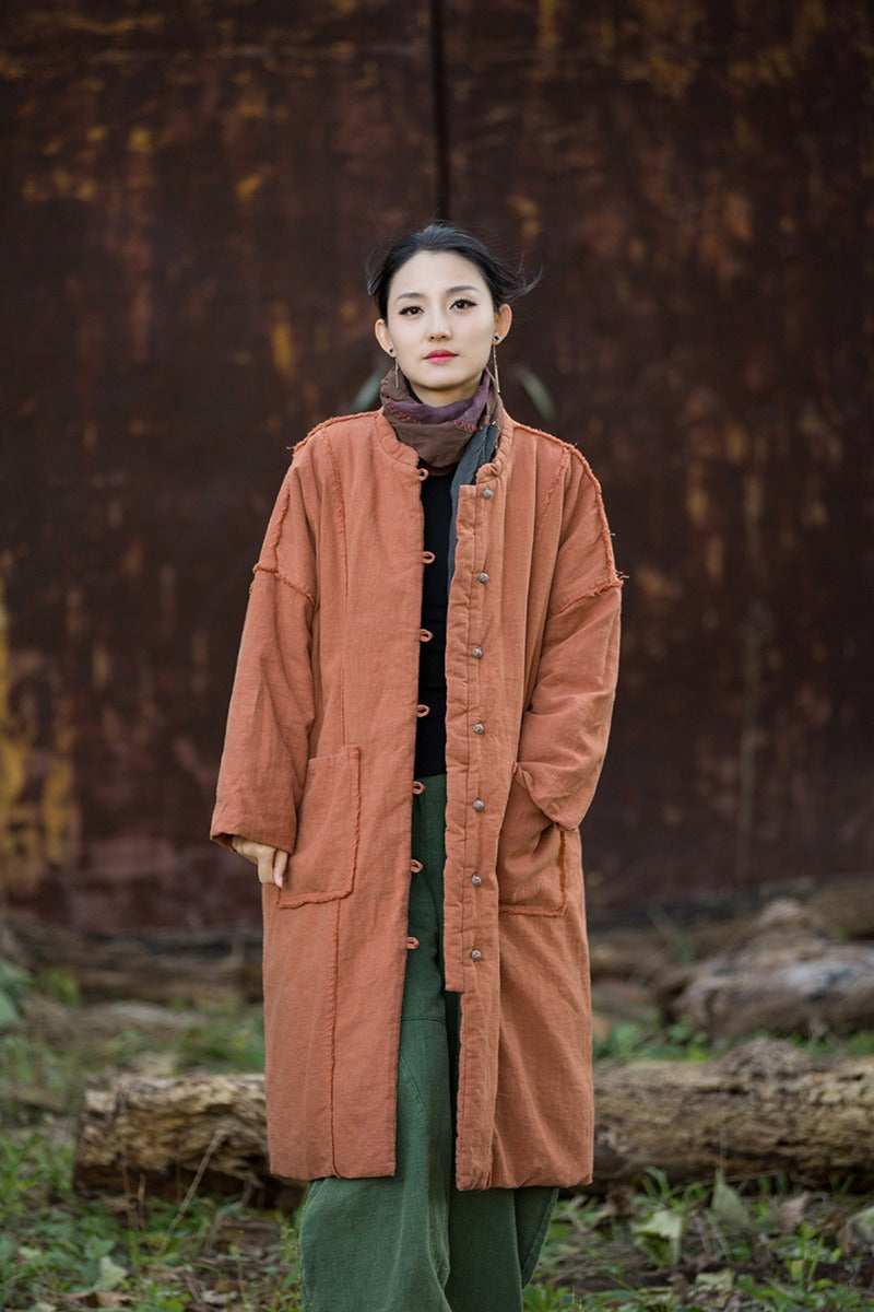 Winter linen midi cotton coat for women