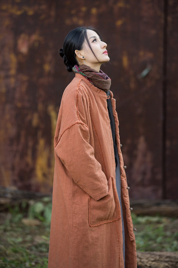 Winter linen midi cotton coat for women