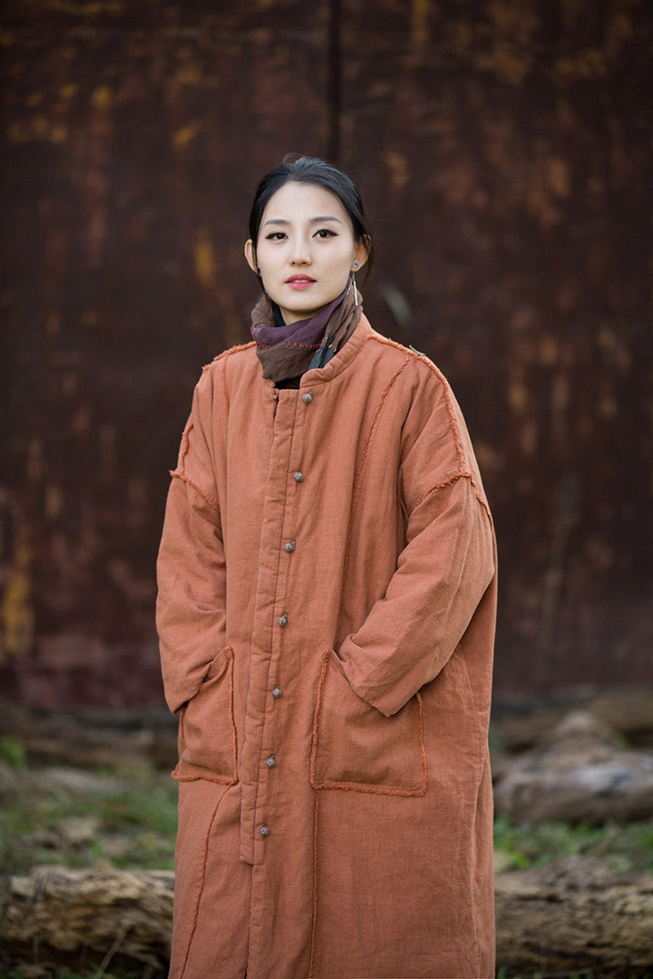 Winter linen midi cotton coat for women