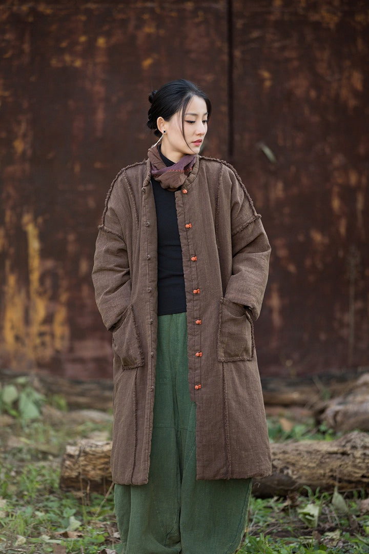 Winter linen midi cotton coat for women