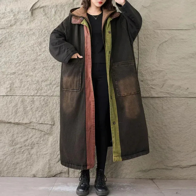 Winter Wear  Outdoor Denim Hooded Long Windbreaker