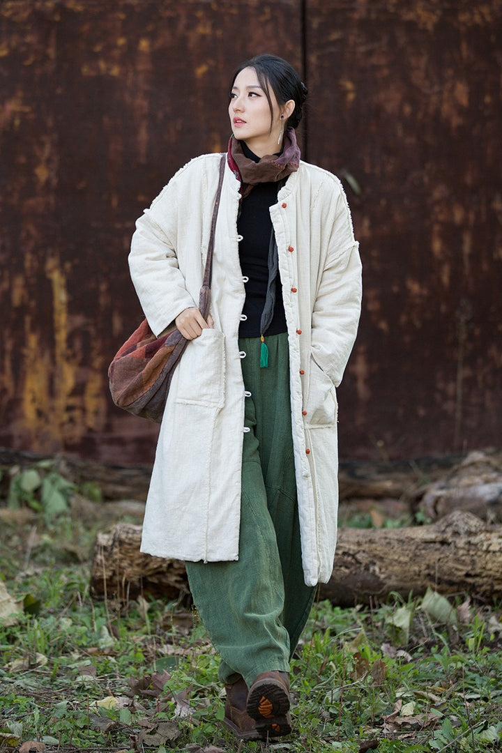 Winter linen midi cotton coat for women