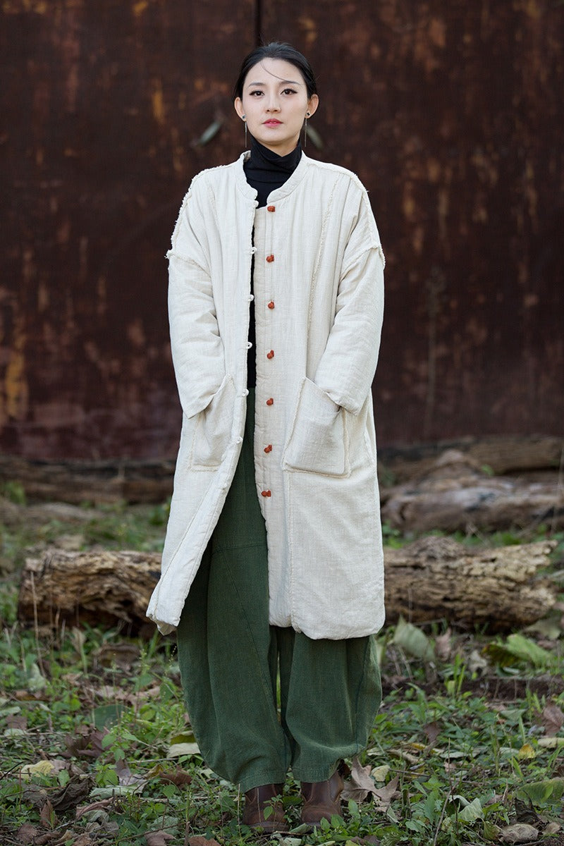 Winter linen midi cotton coat for women