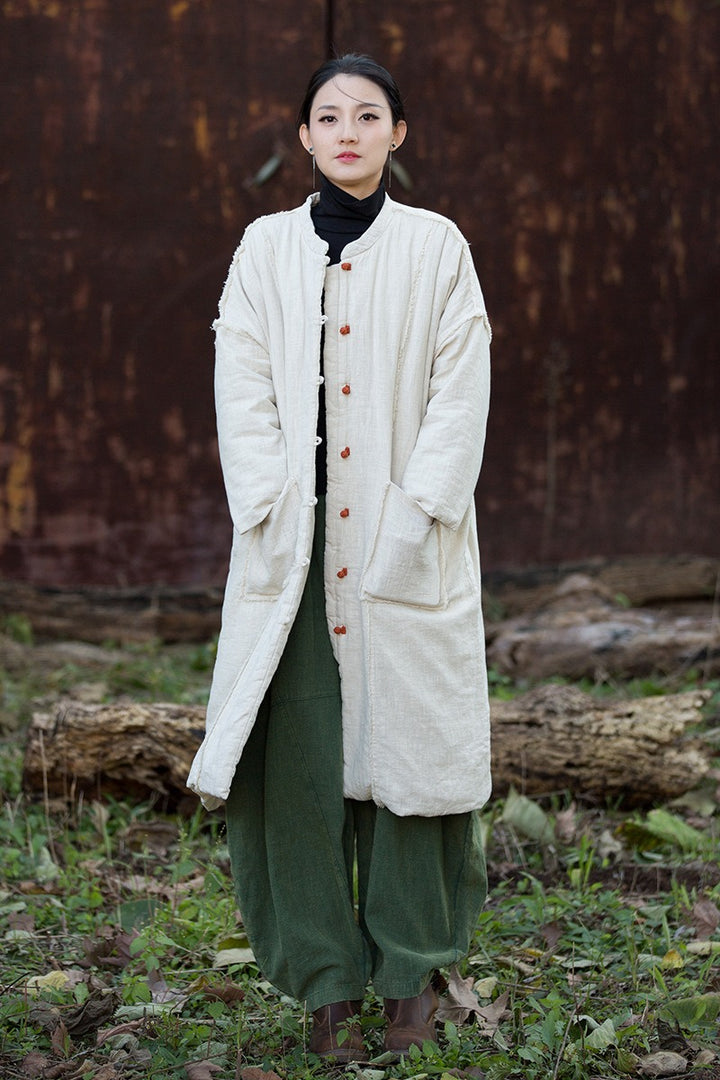 Winter linen midi cotton coat for women