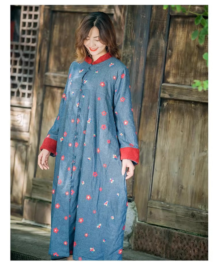 Winter Blue Cotton Floral Long Fleece-Lined Coat for Women