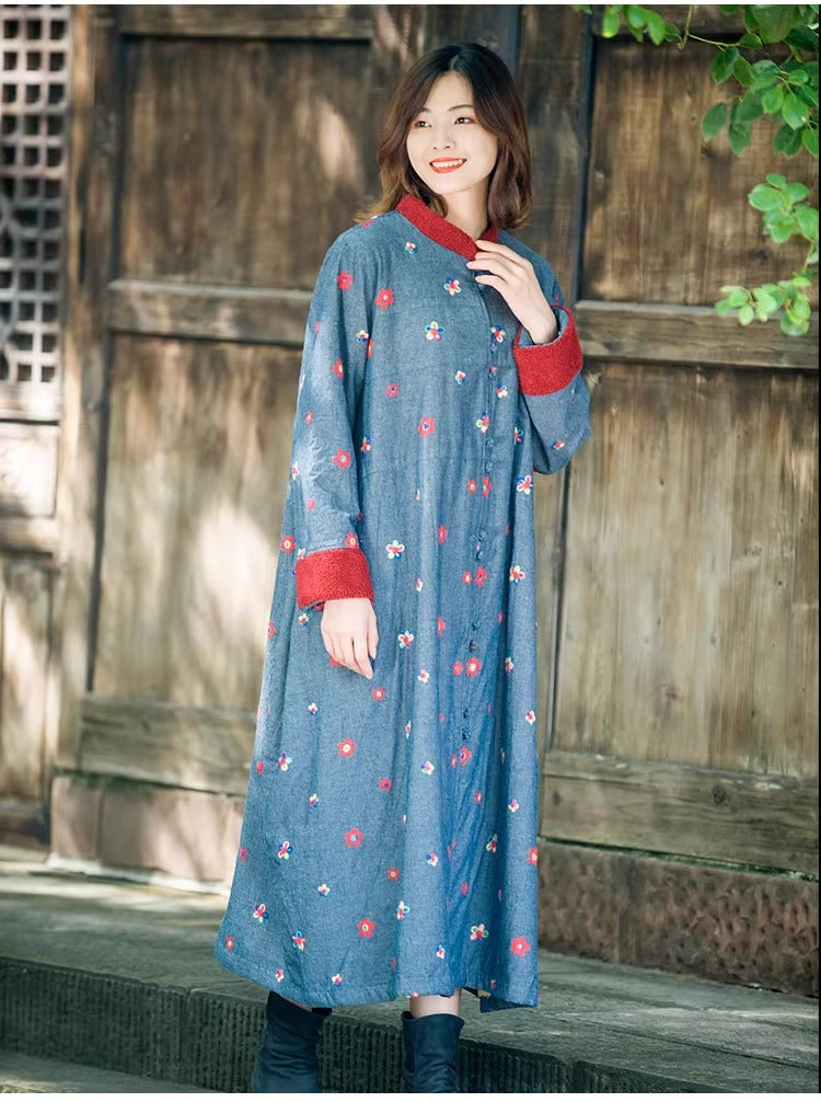 Winter Blue Cotton Floral Long Fleece-Lined Coat for Women