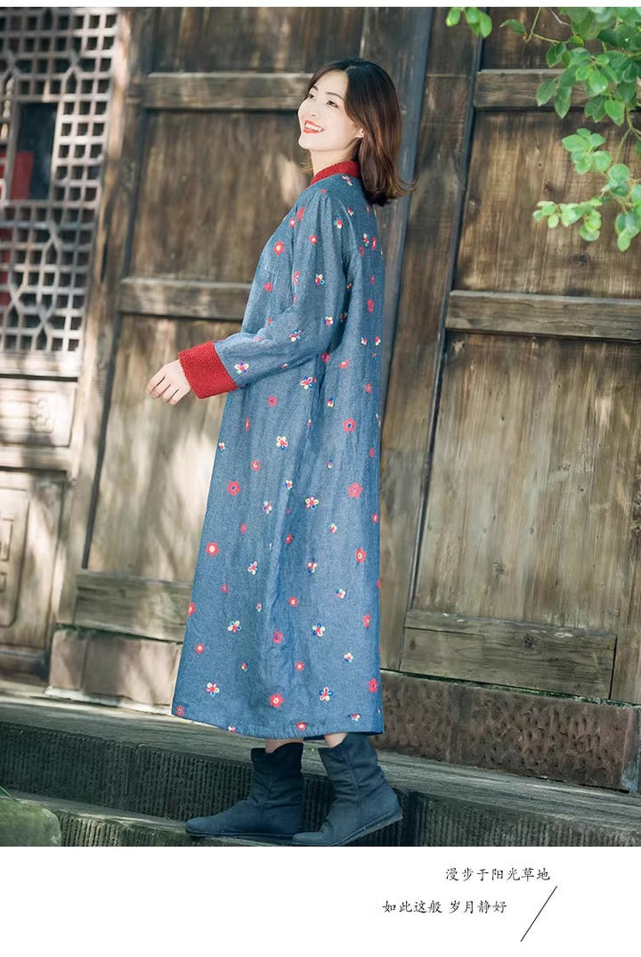 Winter Blue Cotton Floral Long Fleece-Lined Coat for Women