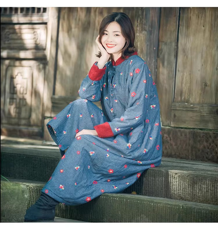 Winter Blue Cotton Floral Long Fleece-Lined Coat for Women