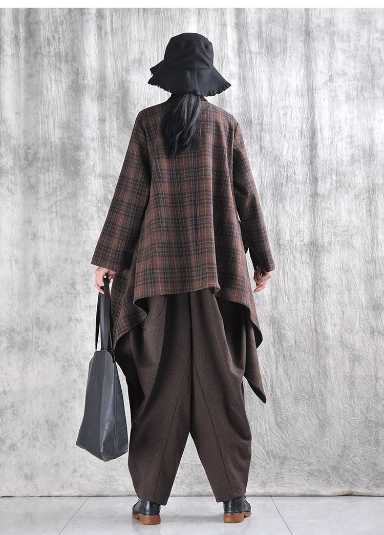 Women's winter plaid irregular wool coat