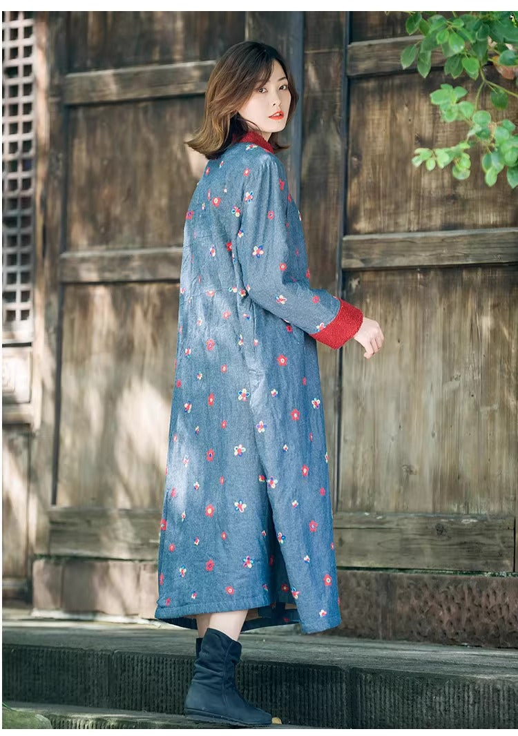 Winter Blue Cotton Floral Long Fleece-Lined Coat for Women