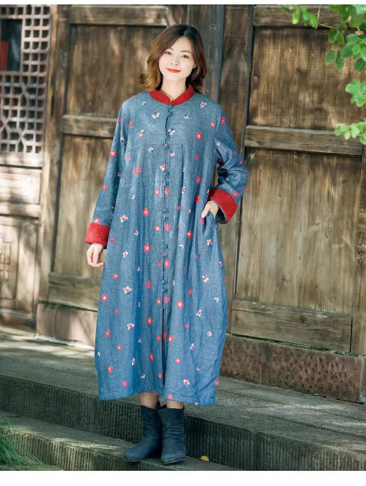 Winter Blue Cotton Floral Long Fleece-Lined Coat for Women