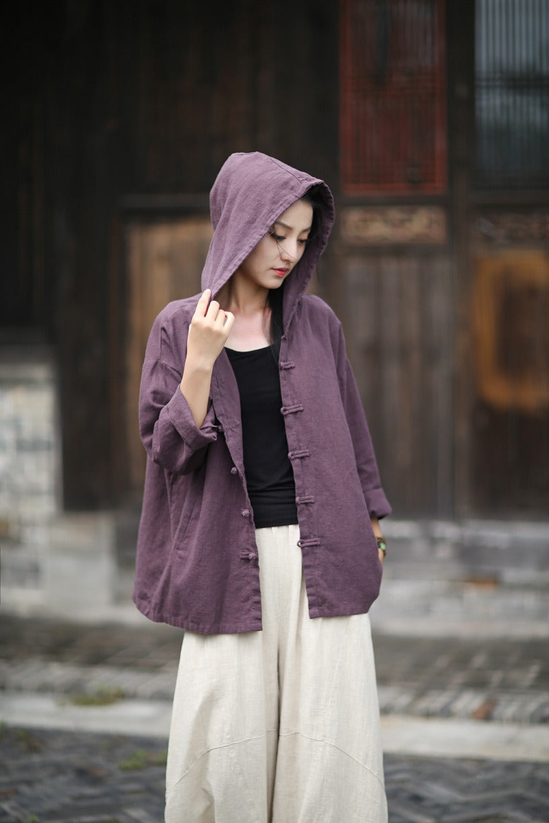Women's Linen Hooded Cardigan Shirt