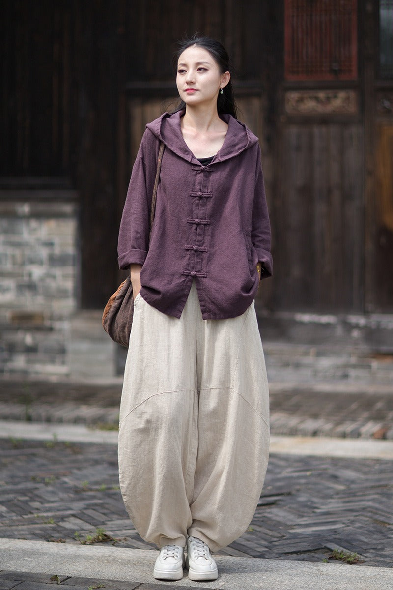 Women's Linen Hooded Cardigan Shirt