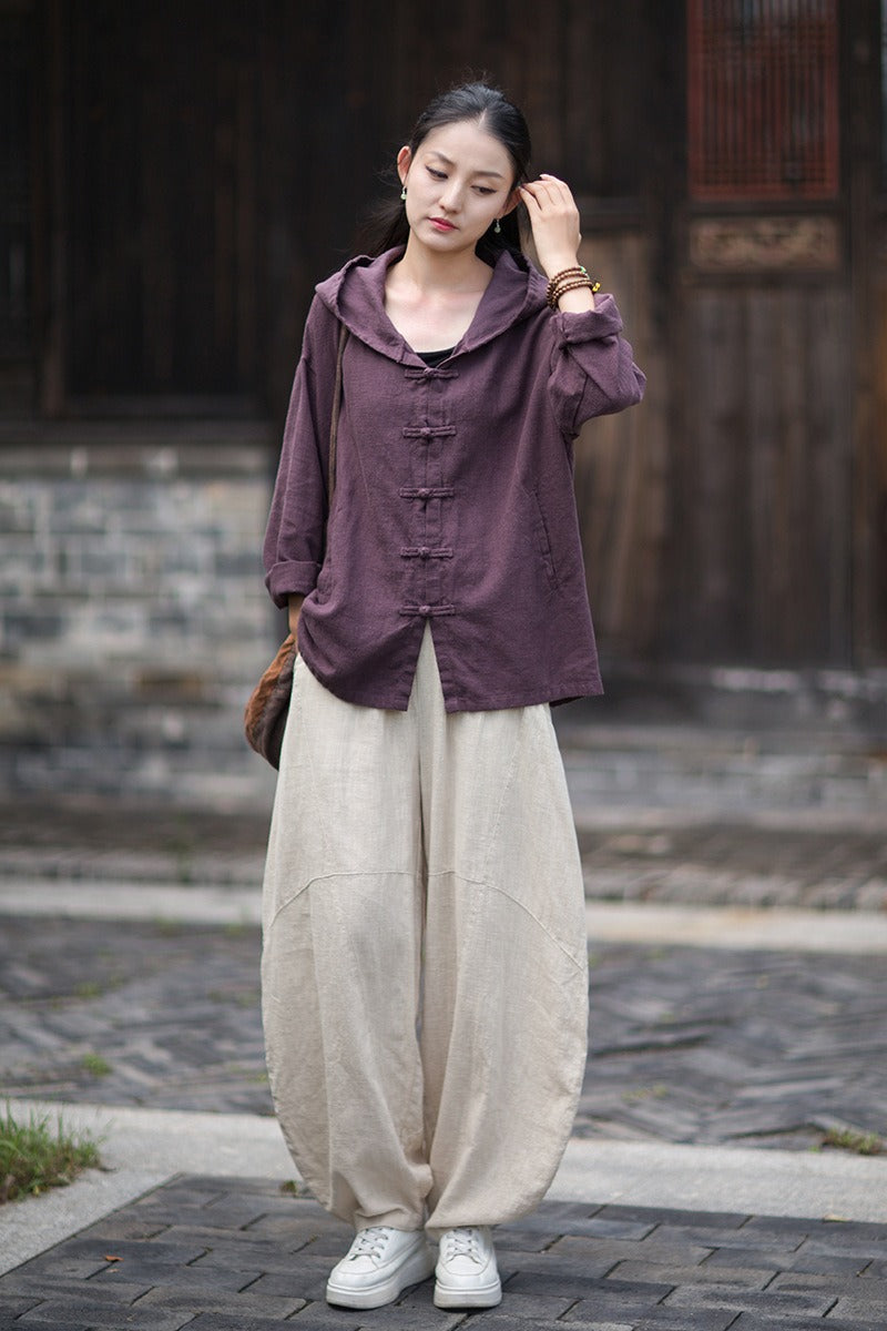 Women's Linen Hooded Cardigan Shirt