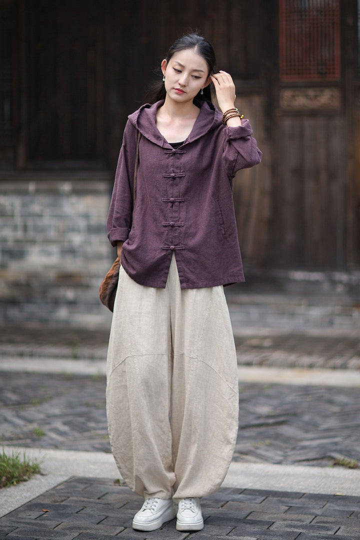 Women's Linen Hooded Cardigan Shirt