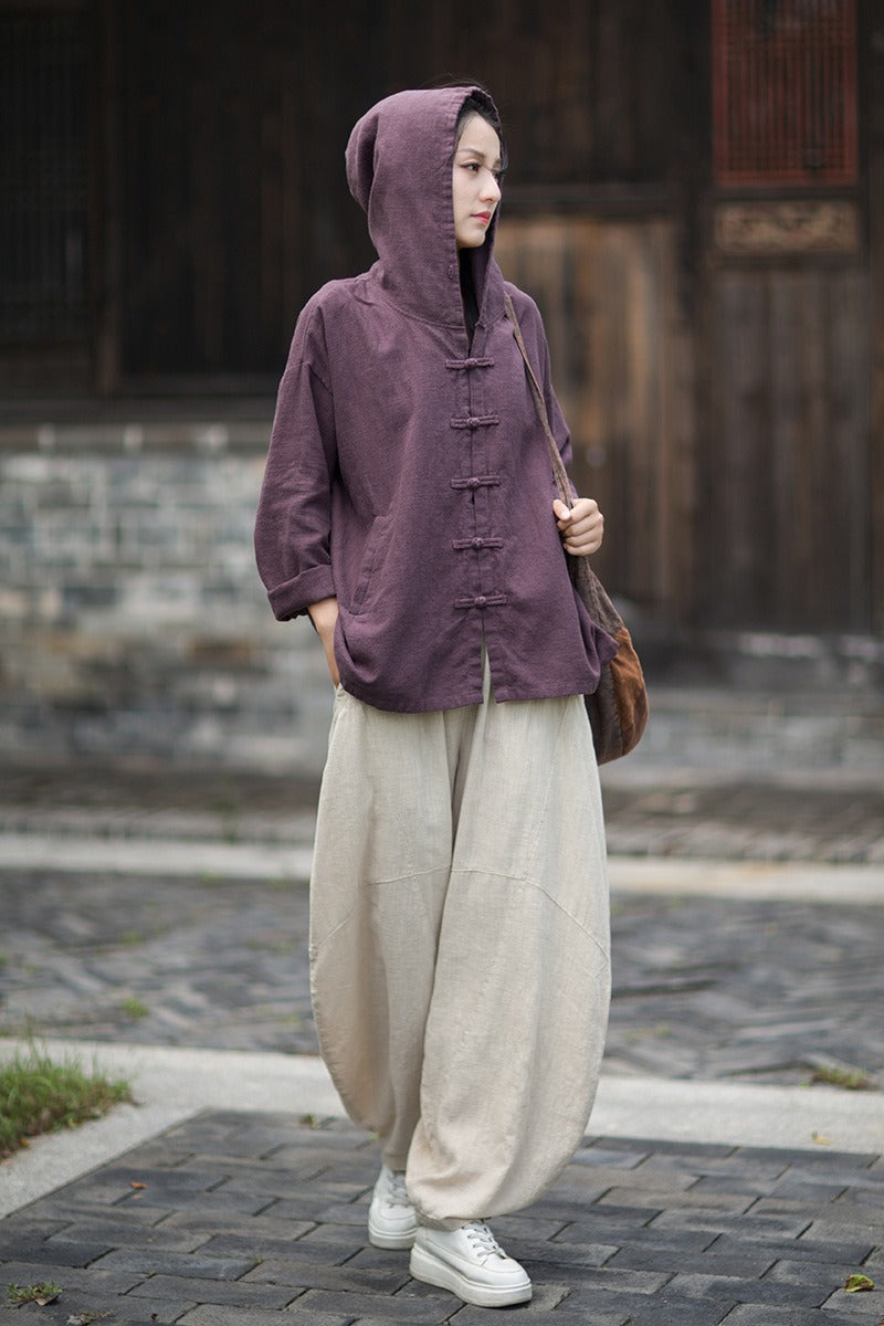 Women's Linen Hooded Cardigan Shirt