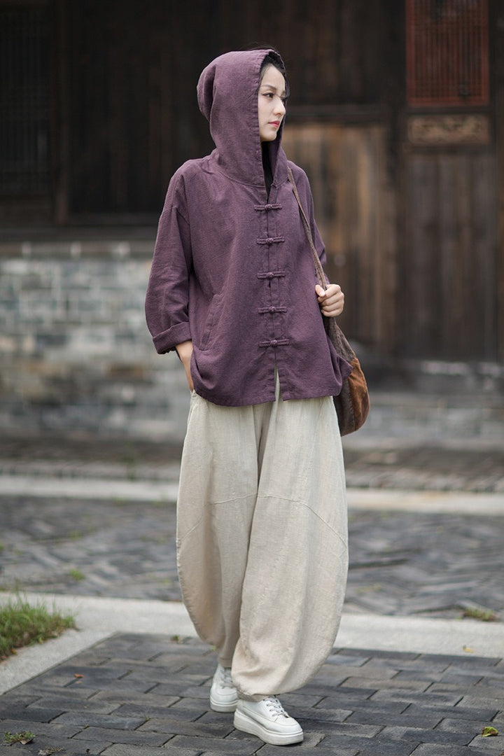 Women's Linen Hooded Cardigan Shirt