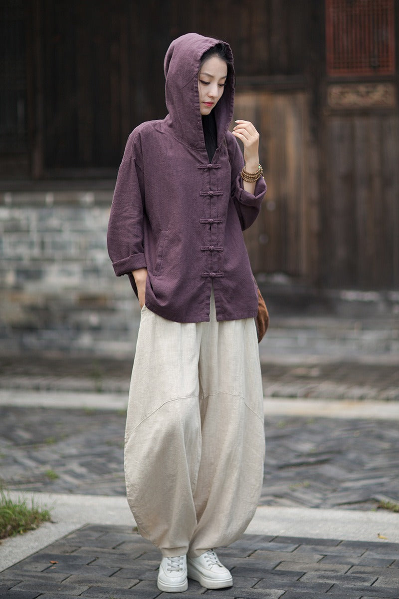 Women's Linen Hooded Cardigan Shirt