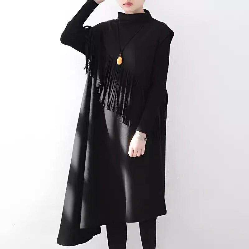 Black Sleeveless Tassels Dress with Pockets for Women