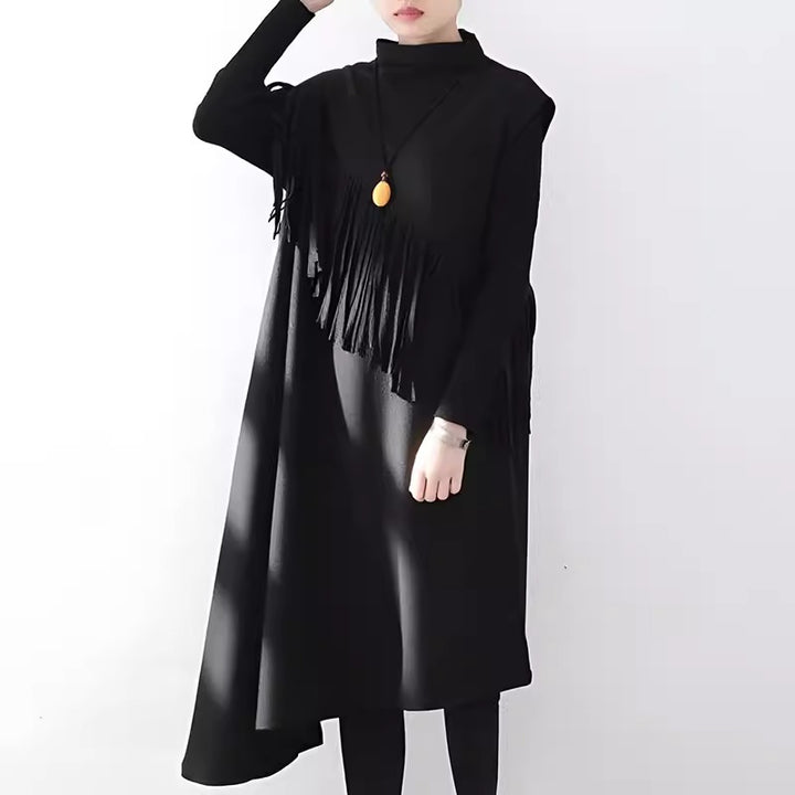 Black Sleeveless Tassels Dress with Pockets for Women