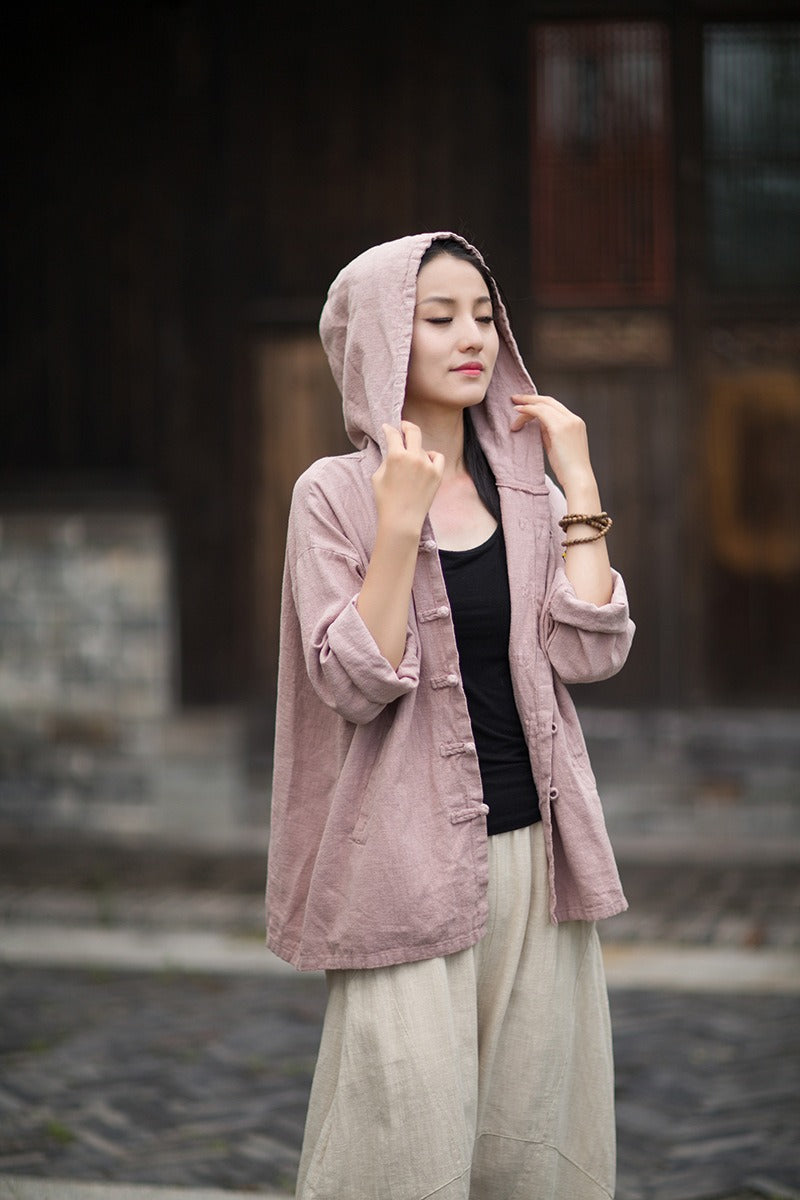 Women's Linen Hooded Cardigan Shirt