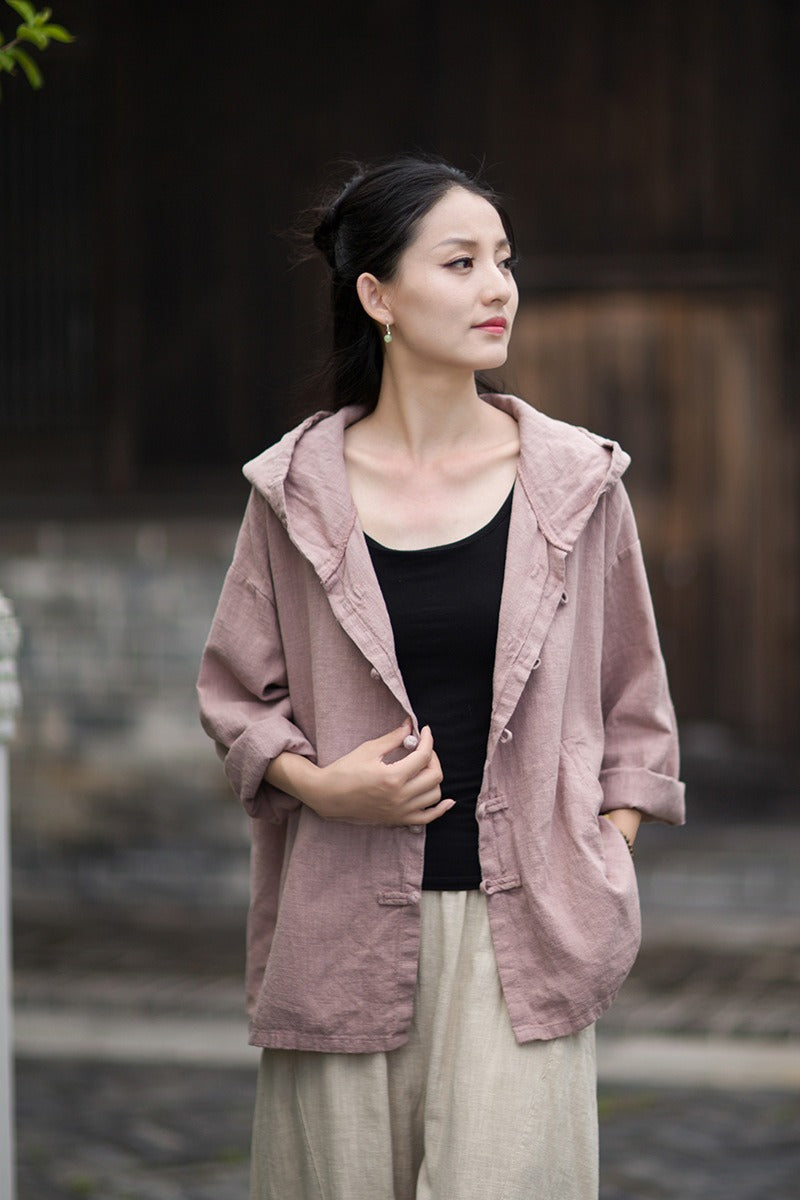 Women's Linen Hooded Cardigan Shirt