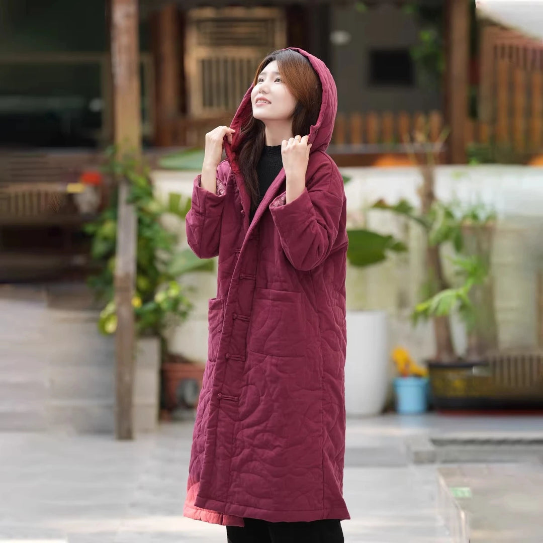 linen padded Hooded coat with pockets