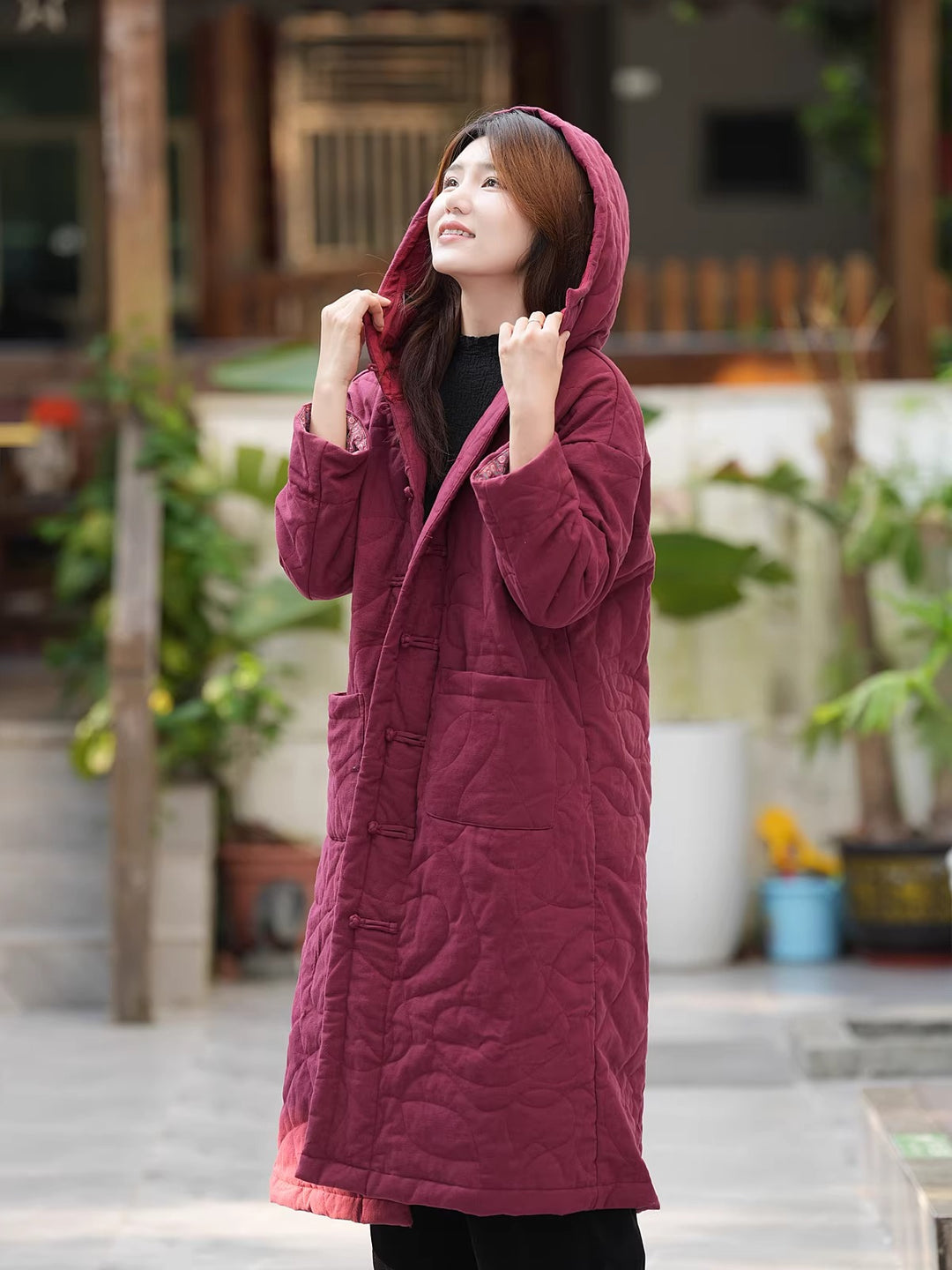 linen padded Hooded coat with pockets