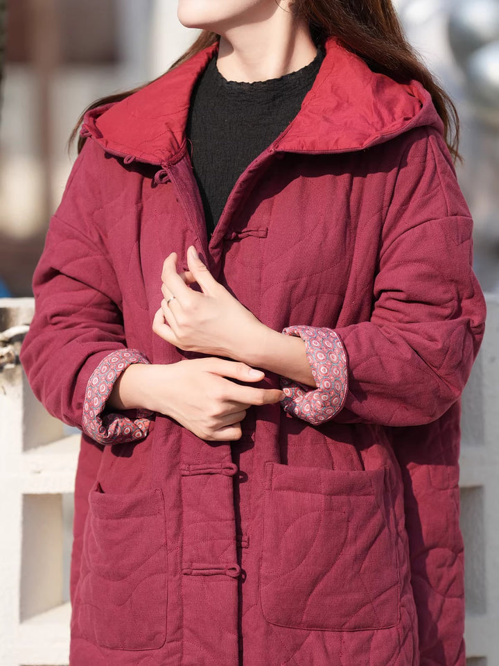 linen padded Hooded coat with pockets
