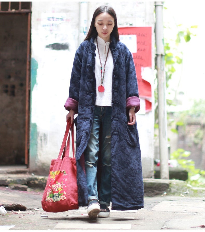 Vintage Linen Blue Jacquard Padded Coat