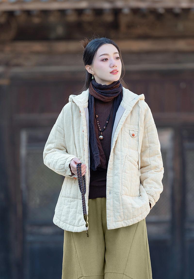 Ladies' Lightweight Hooded Quilted Jacket with Retro Style-Women's coat-Thebesttailor-One size-linen color-Linen-Thebesttailor