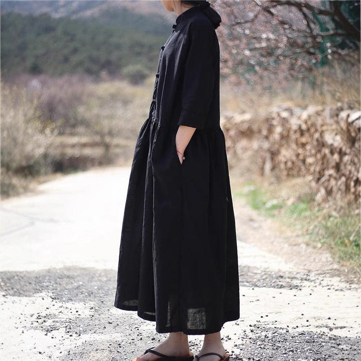 Linen Stand Collar Button-Up Loose-Fitting Dress-Women's dress-Thebesttailor-Thebesttailor