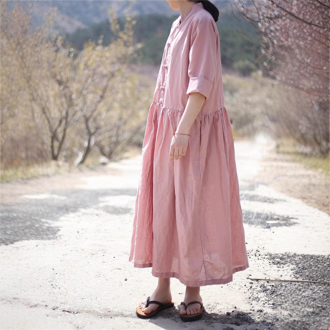 Linen Stand Collar Button-Up Loose-Fitting Dress-Women's dress-Thebesttailor-One size-Pink-Linen-Thebesttailor