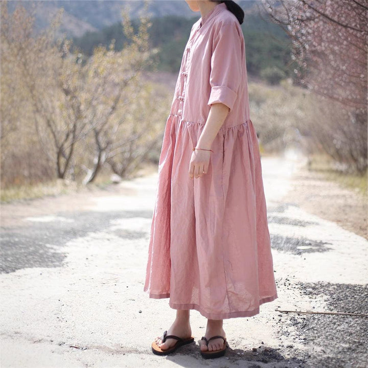 Linen Stand Collar Button-Up Loose-Fitting Dress-Women's dress-Thebesttailor-One size-Pink-Linen-Thebesttailor