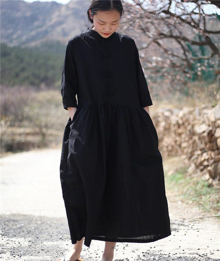 Linen Stand Collar Button-Up Loose-Fitting Dress-Women's dress-Thebesttailor-One size-Black-Linen-Thebesttailor