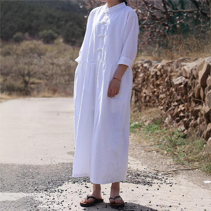 Linen Stand Collar Button-Up Loose-Fitting Dress-Women's dress-Thebesttailor-One size-White-Linen-Thebesttailor