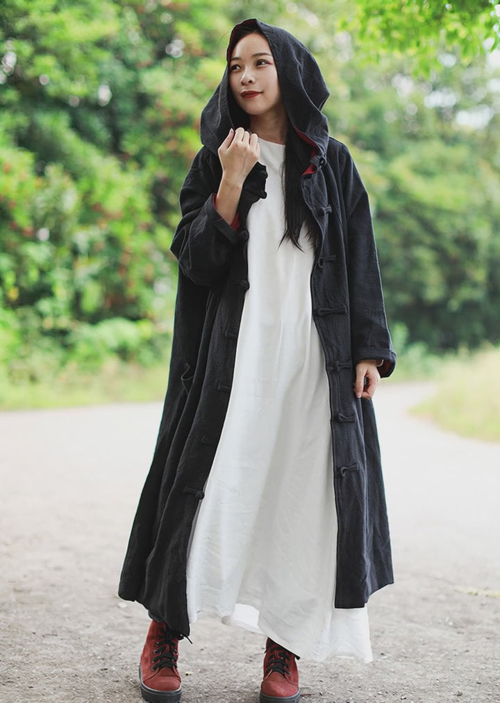 Black Linen Cotton Cardigan Hooded Long Coat For Women