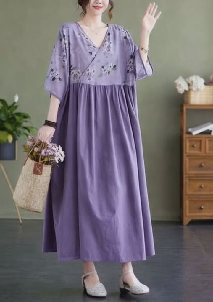 Summer Cotton Printed Oversized Maxi Dress in Purple Floral
