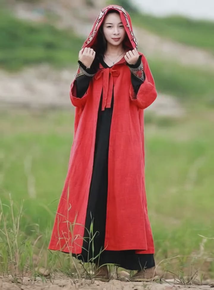 Winter Cotton And Linen Embroidered Chinese hooded cape coat
