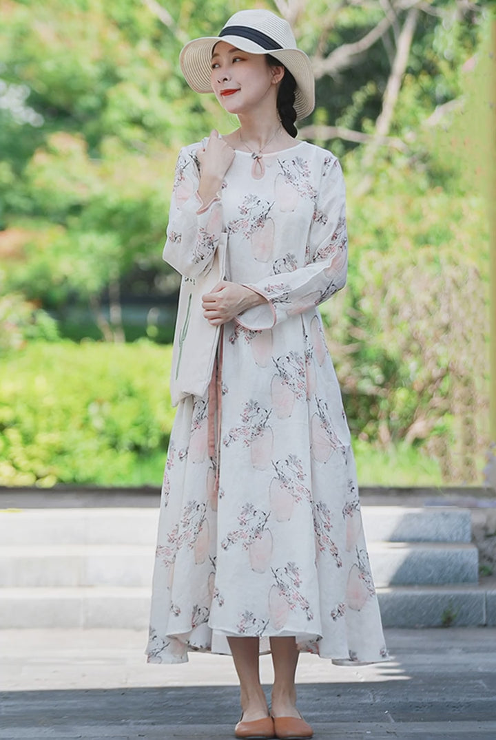Linen Tie Drape Floral Dress With Pockets Long Sleeve