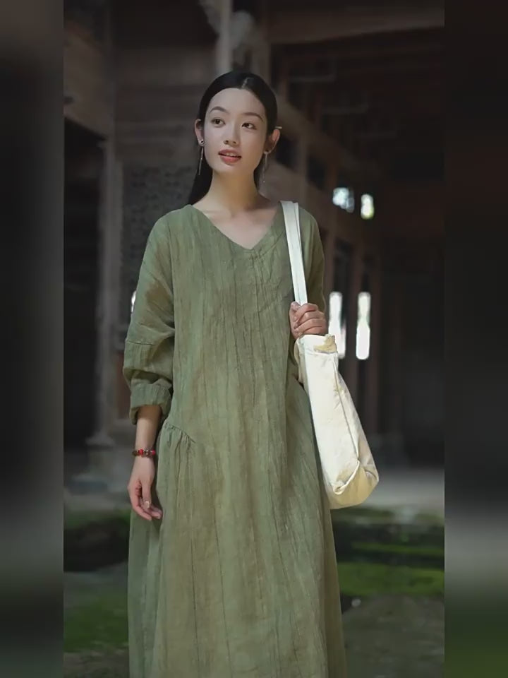 Summer Linen Tie-Dyed Fried Color V-Neck Dress for Women