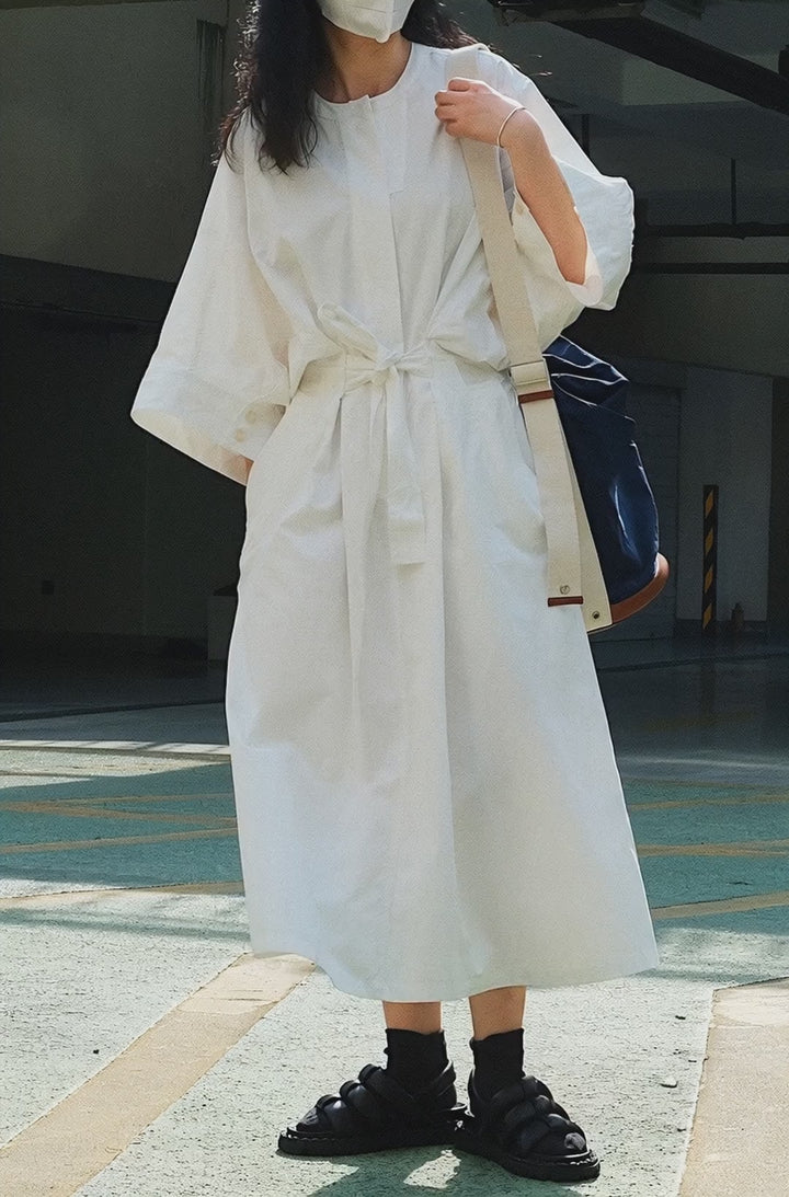 Summer cotton tie waist wrap midi dress for women