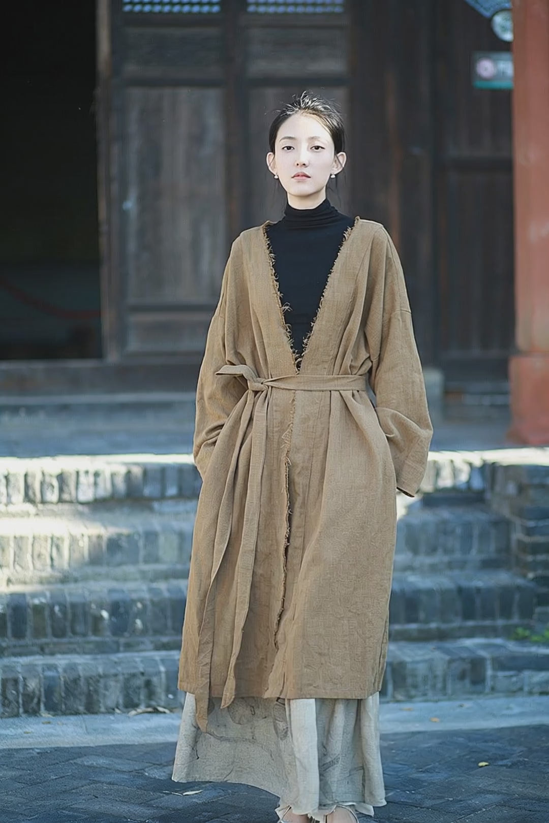 Sand-Washed V-Neck Linen Buttonless Tie-Up Coat for Women