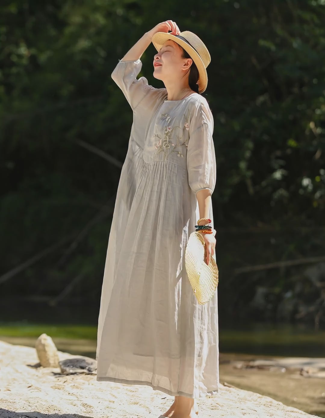 Linen Embroidery Round Neck High Waisted Summer Dresses